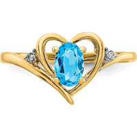 14K Yellow Gold Heart Ring with Oval Swiss Blue Topaz - 0.56 Carat Topaz, 0.01 Carat Total Diamond Weight by Oro Pregiato