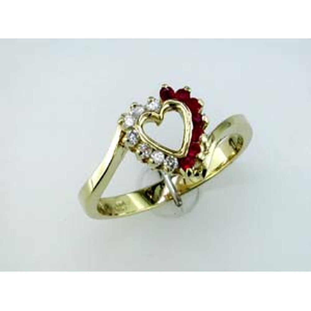 14K Yellow Gold Heart Ring with Prong Set Round Diamonds and Ruby Accents - 0.12 Carat Total Diamond Weight - Royal Jewelry