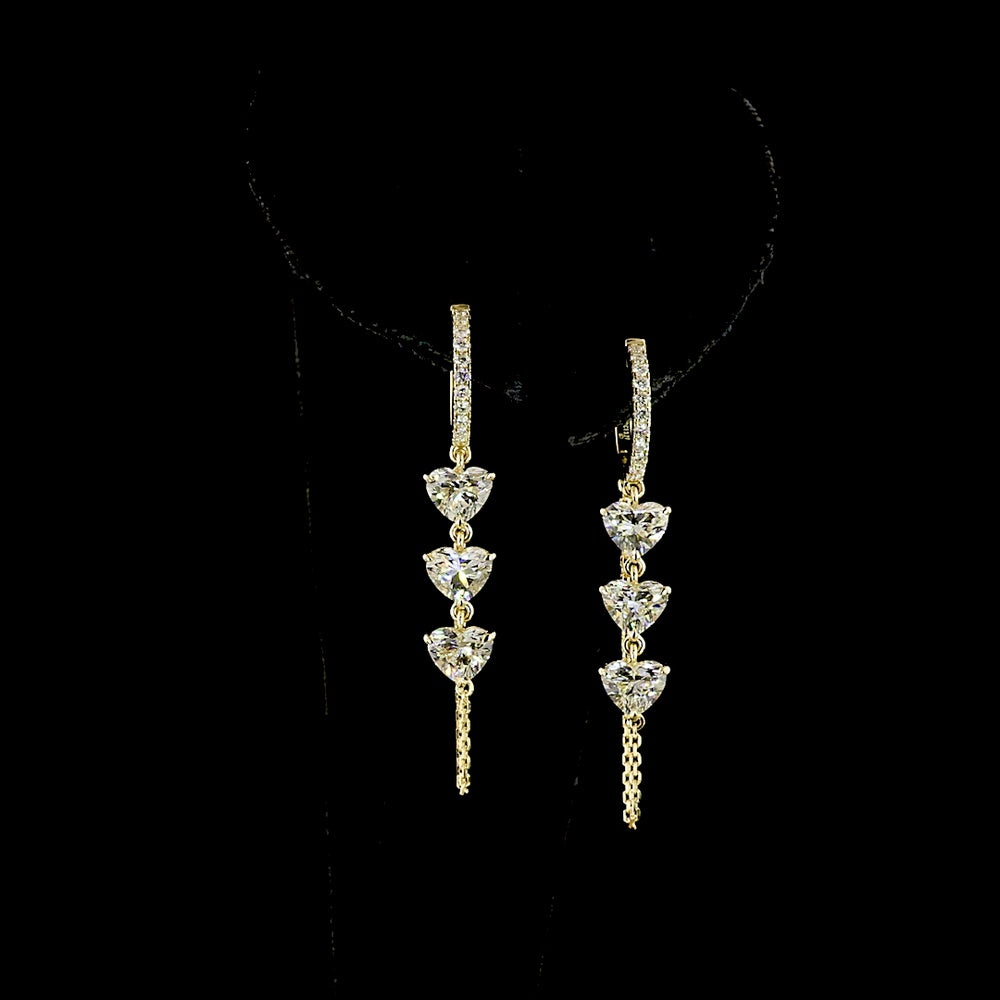 14K Yellow Gold Heart Shape Dangle Earrings with Lab Grown Diamonds - 3.28 Carat Total Weight E-F VS1 Clarity - Covaloro Fine Jewelry