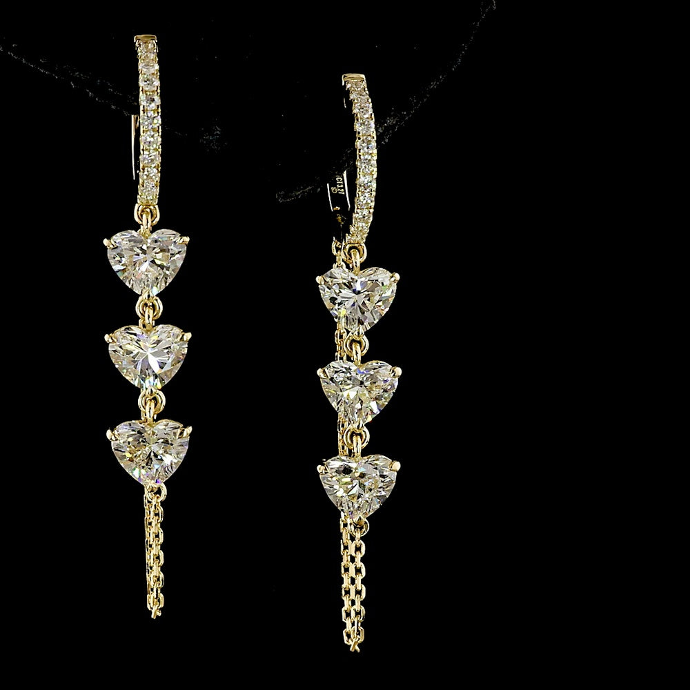 14K Yellow Gold Heart Shape Dangle Earrings with Lab Grown Diamonds - 3.28 Carat Total Weight E-F VS1 Clarity - Covaloro Fine Jewelry