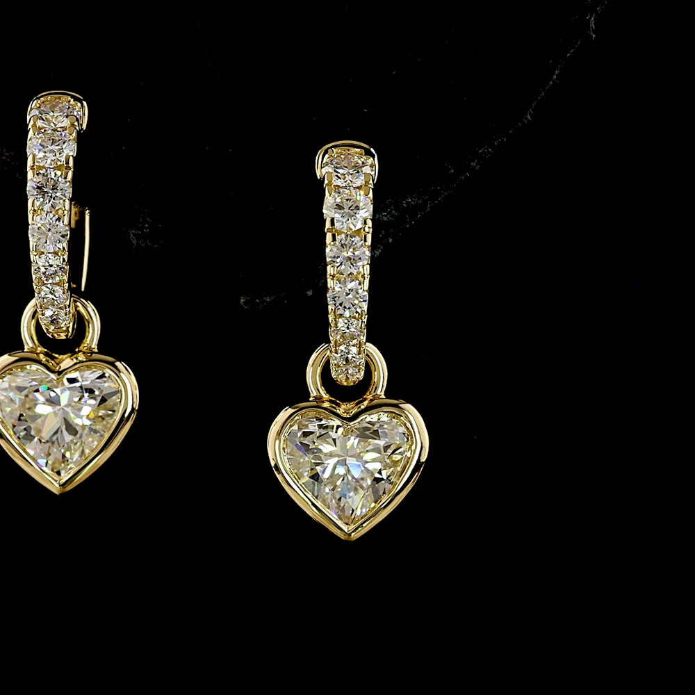 14K Yellow Gold Heart Shape Hanging Drop Earrings with Lab-Grown D VVS2 and E VS2 Diamonds - 2.52 Carat Total Diamond Weight - Covaloro Fine Jewelry