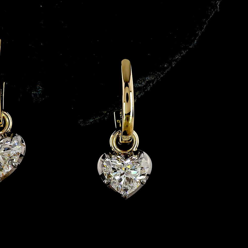 14K Yellow Gold Heart Shape Hanging Earrings with Prong and Bezel Set Lab Diamonds - 1.09 Carats Total Diamond Weight - Covaloro Fine Jewelry