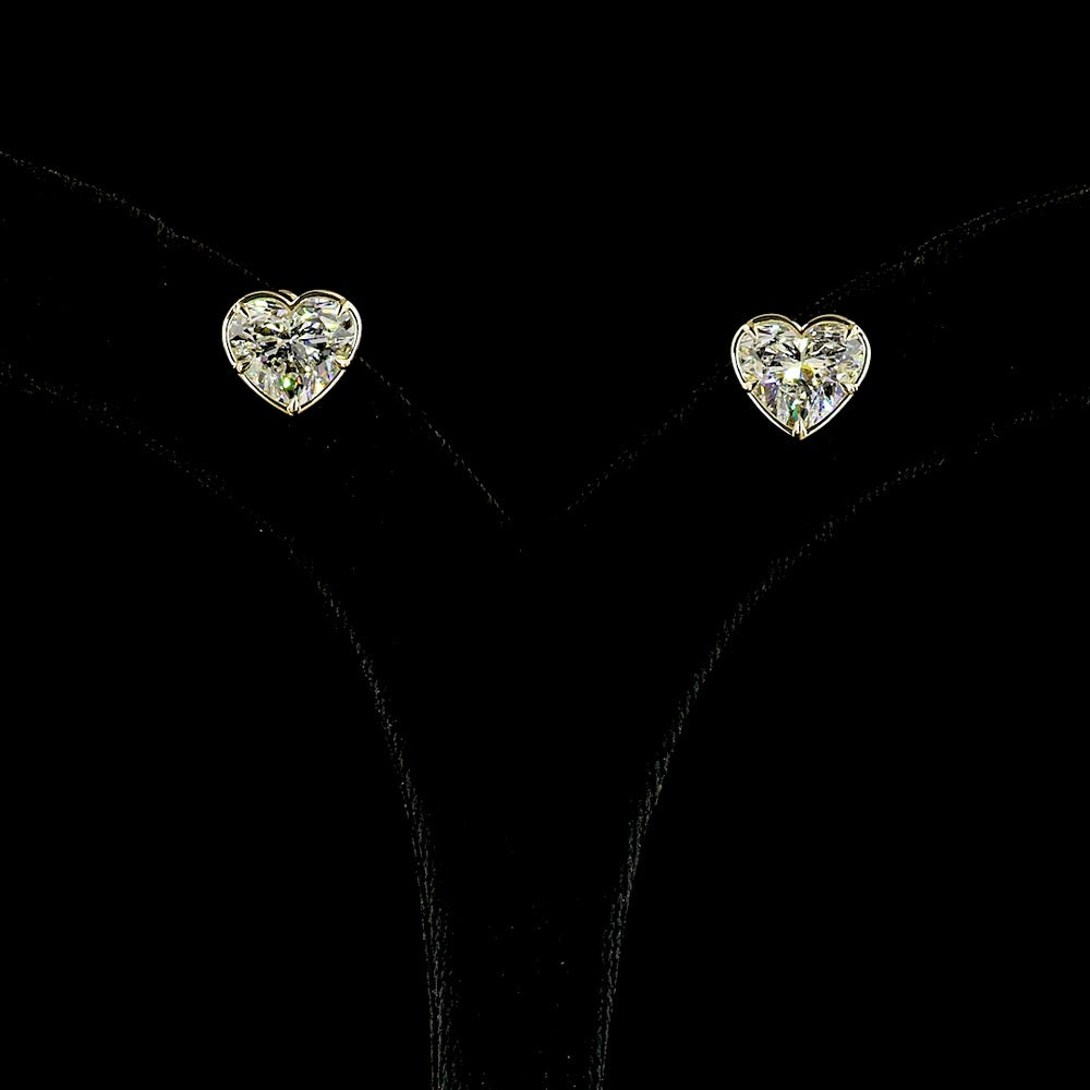 14K Yellow Gold Heart Shape Lab Diamond Stud Earrings - 6.18 Carat Total Weight, Bezel-Prong Set with F VVS2 and F VS1 Stones - Covaloro Fine Jewelry