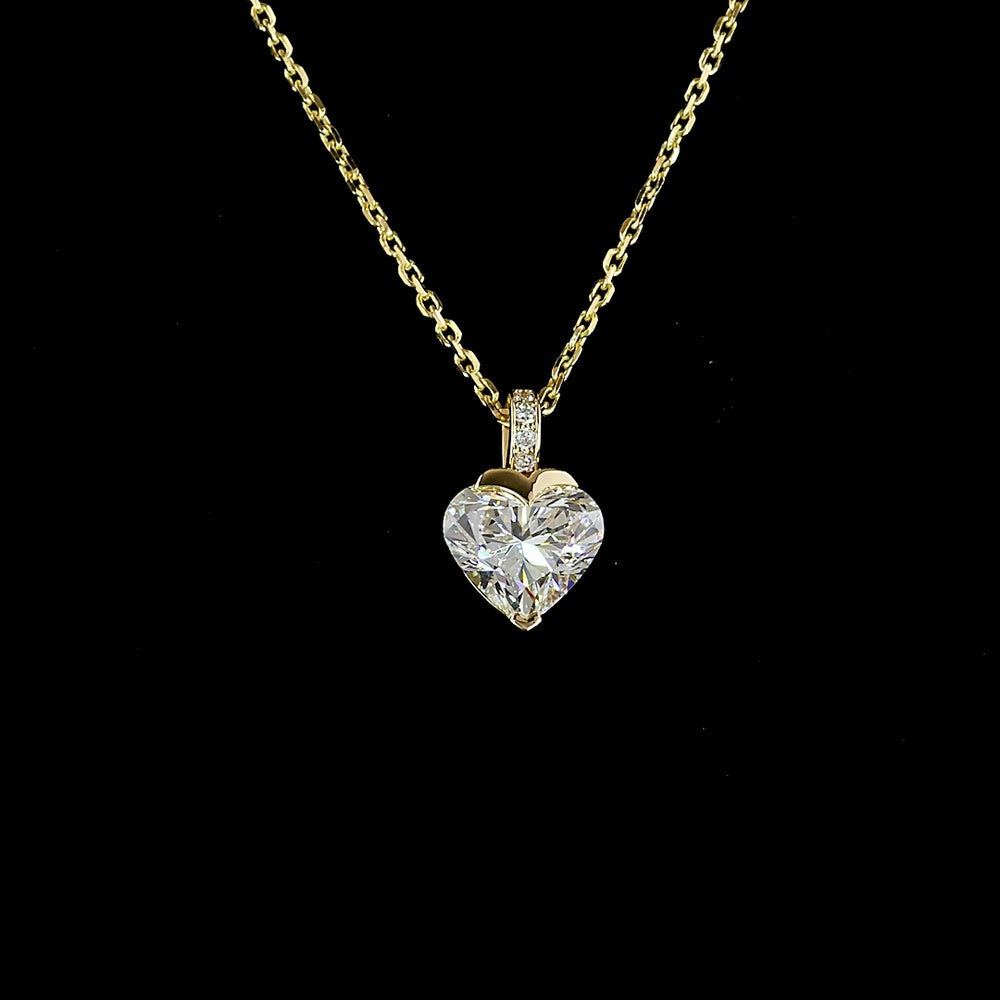 14K Yellow Gold Heart Shape Pendant with 1.03 Carat Lab Diamond and Pave Set Diamond Bail - 1.05 Total Carat Weight - Covaloro Fine Jewelry