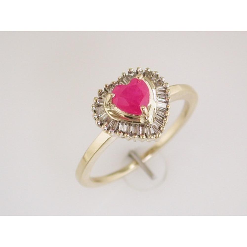 14K Yellow Gold Heart Shape Ruby Ring with Baguette Diamond Halo - 0.60 Carat Ruby and 0.25 Carat Total Diamond Weight - Royal Jewelry