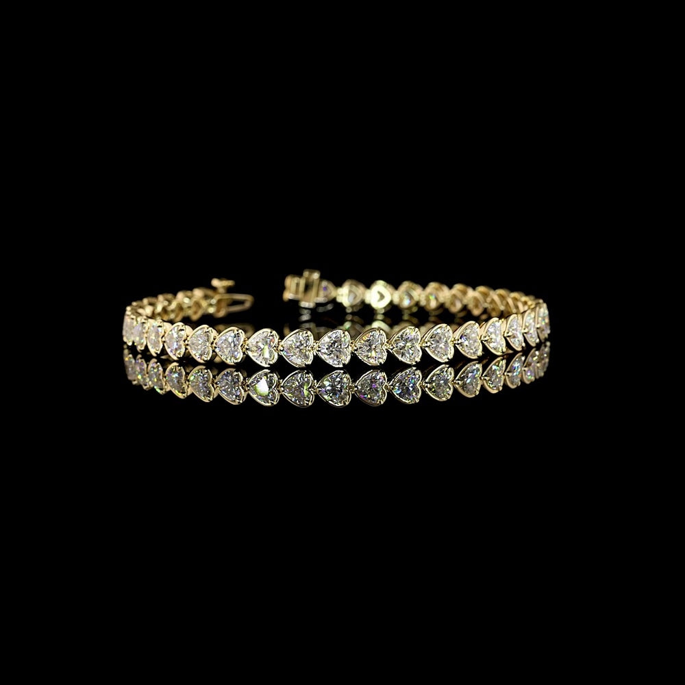 14K Yellow Gold Heart Shape Tennis Bracelet with Bezel-Prong Set Lab Grown Diamonds - 9.08 Carat Total Weight, 37 Stones E-F Color VS1 Clarity - Covaloro Fine Jewelry