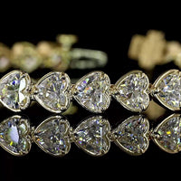 14K Yellow Gold Heart Shape Tennis Bracelet with Bezel-Prong Set Lab Grown Diamonds - 9.08 Carat Total Weight, 37 Stones E-F Color VS1 Clarity - Covaloro Fine Jewelry