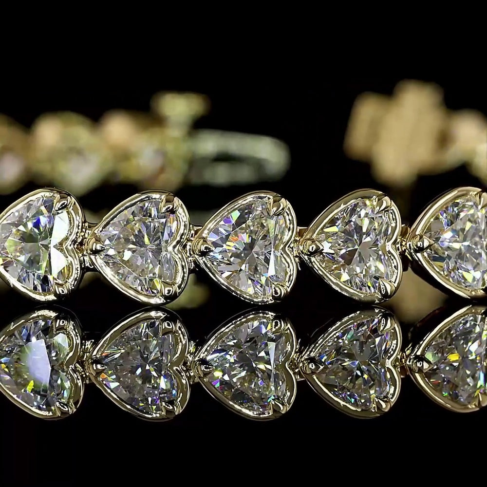 14K Yellow Gold Heart Shape Tennis Bracelet with Bezel-Prong Set Lab Grown Diamonds - 9.08 Carat Total Weight, 37 Stones E-F Color VS1 Clarity - Covaloro Fine Jewelry