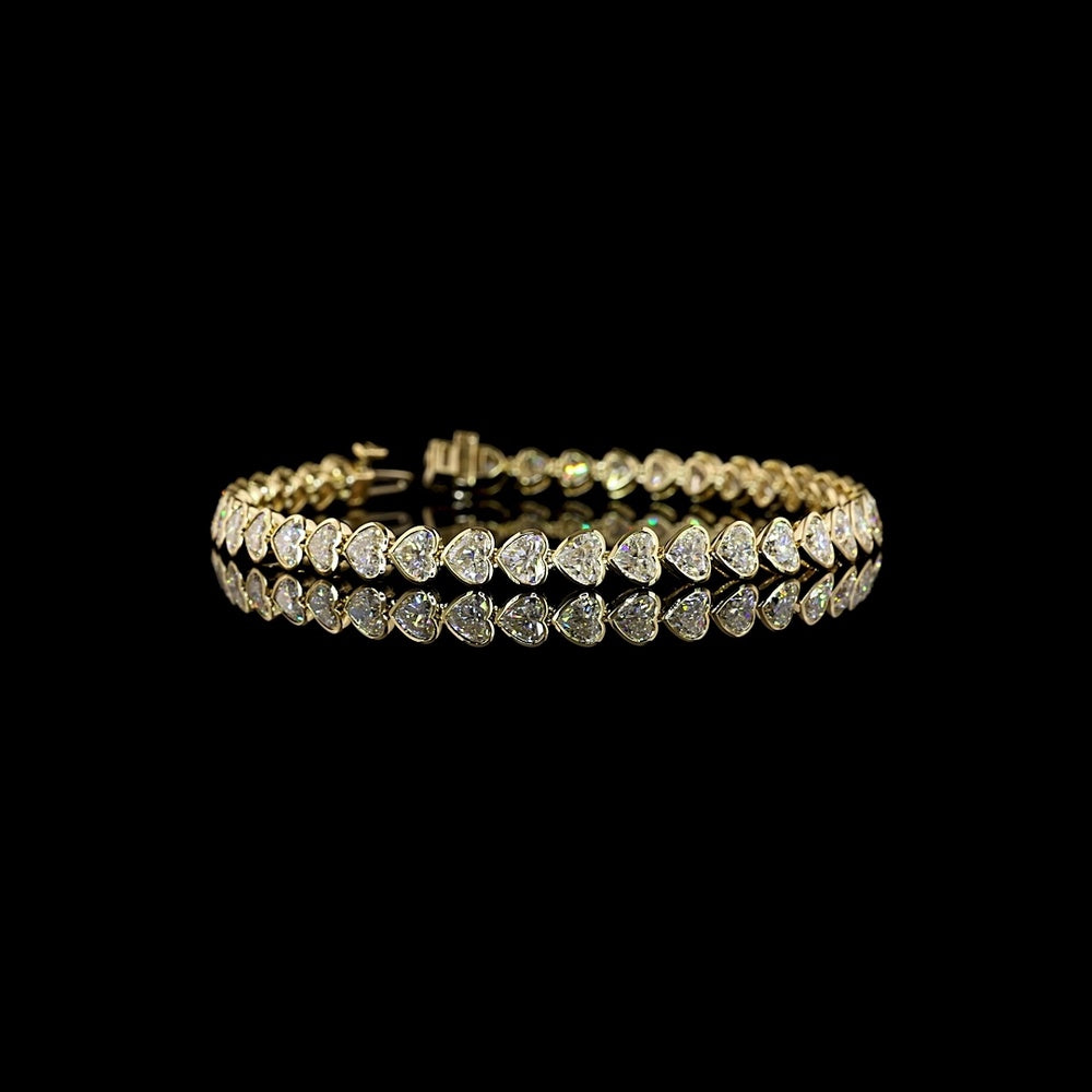 14K Yellow Gold Heart Shape Tennis Bracelet with East-West Bezel Set Lab Diamonds - 10.37 Carats Total Diamond Weight - Covaloro Fine Jewelry