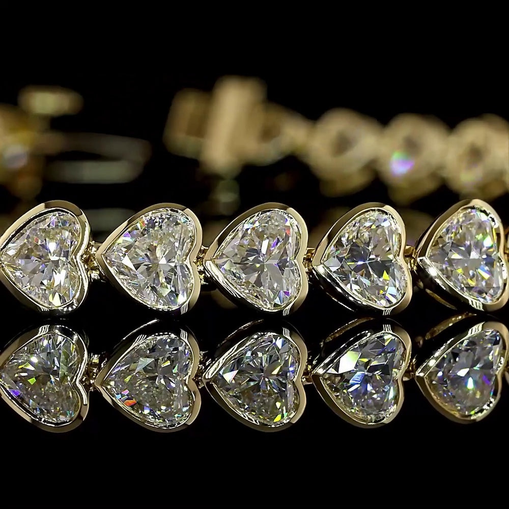 14K Yellow Gold Heart Shape Tennis Bracelet with East-West Bezel Set Lab Diamonds - 10.37 Carats Total Diamond Weight - Covaloro Fine Jewelry