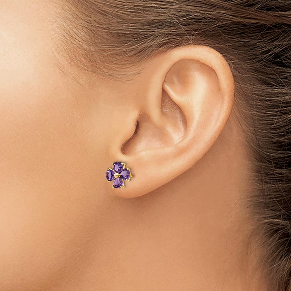 14K Yellow Gold Heart-Shaped Amethyst Flower Post Earrings - 1.76 Carat Total Amethyst Weight by Monteluci Fine Jewelry