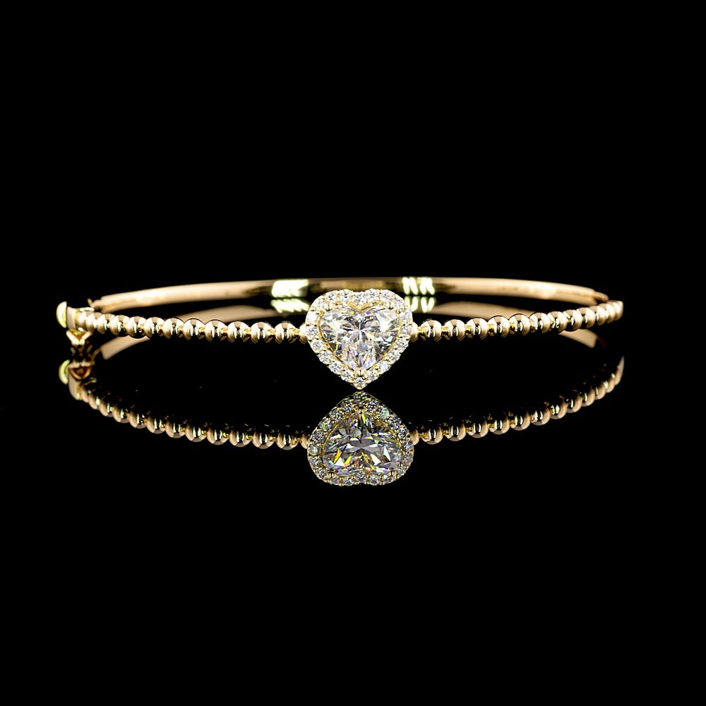 14K Yellow Gold Heart-Shaped Bangle Bracelet with F VS2 Brilliant Cut Halo Lab Diamonds - 1.69 Carat Total Diamond Weight - Covaloro Fine Jewelry
