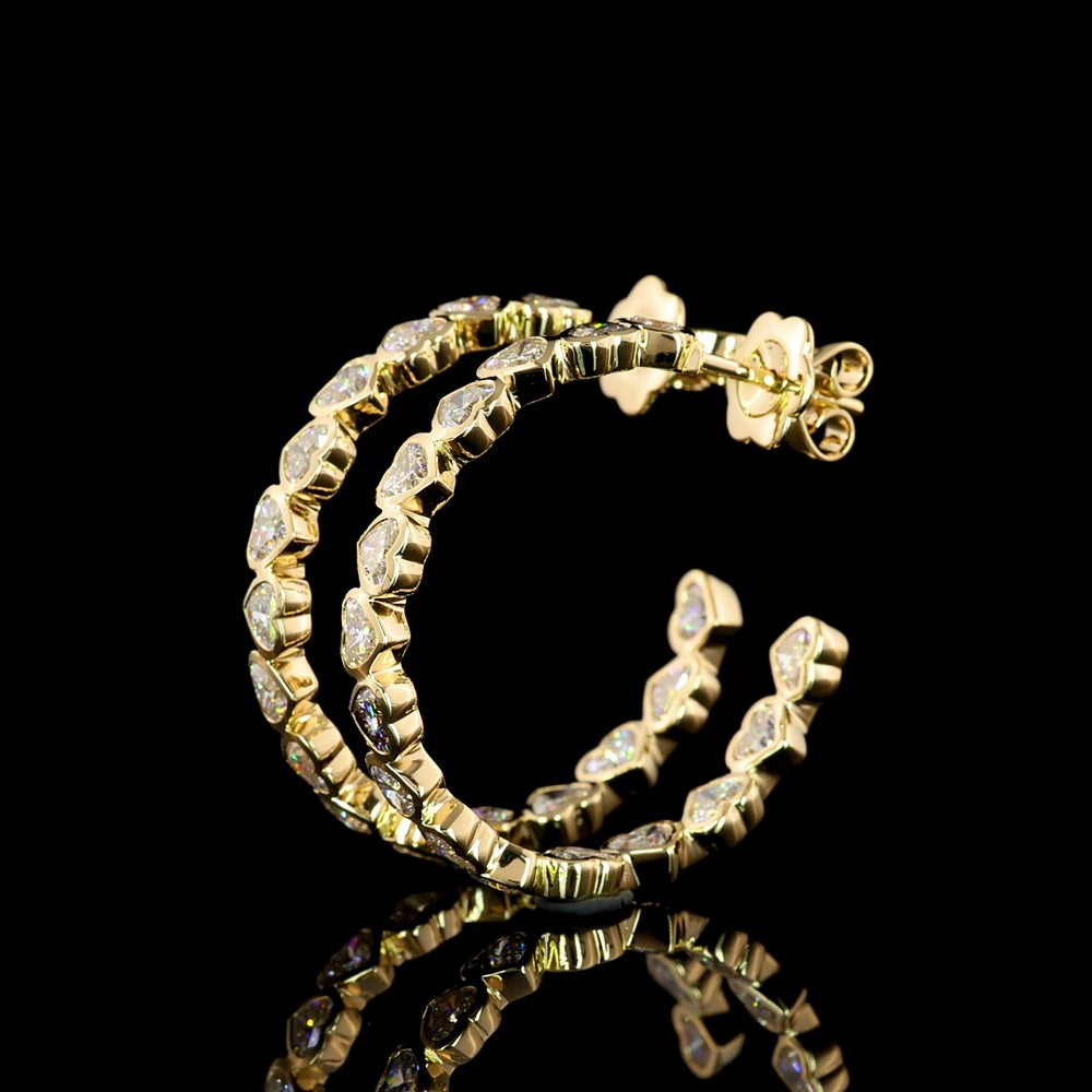 14K Yellow Gold Heart-Shaped Diamond C-Hoop Earrings with Bezel Set Lab Diamonds - 4.28 Carat Total Weight, E-F Color VS1 Clarity - Covaloro Fine Jewelry