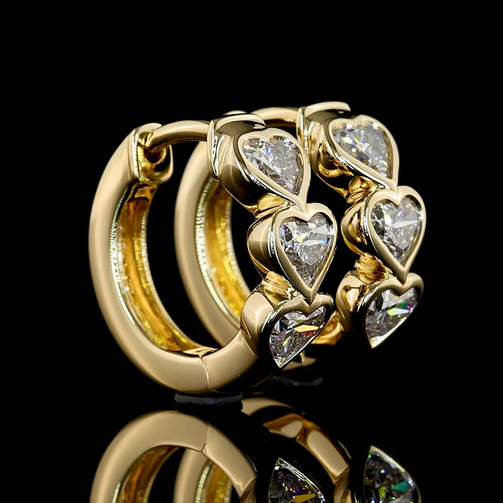 14K Yellow Gold Heart-Shaped Diamond Huggie Earrings with Bezel Set Lab Diamond Hearts - 1.12 Carat Total Weight - Covaloro Fine Jewelry