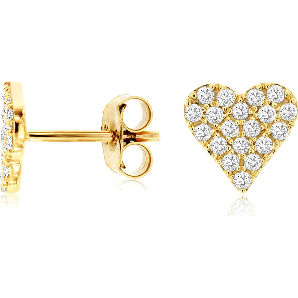 14K Yellow Gold Heart Shaped Diamond Stud Earrings with Round Brilliant Pavé Set Diamond - 0.38 Carat Total Diamond Weight - Royal Jewelry