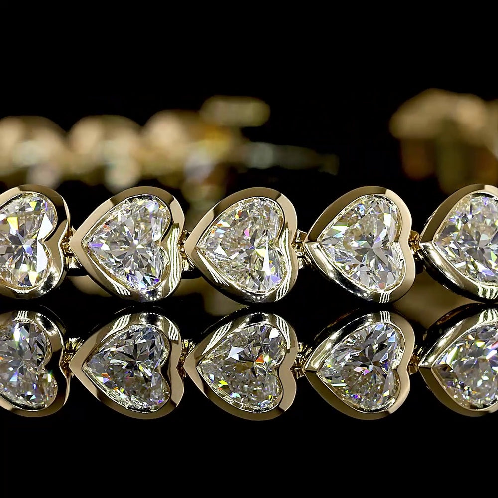 14K Yellow Gold Heart-Shaped Diamond Tennis Bracelet with East-West Bezel Setting - 38 Lab-Grown Diamonds 7.30 Carats Total Weight E-F Color VS Clarity - Covaloro Fine Jewelry
