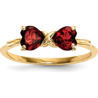14K Yellow Gold Heart-Shaped Garnet Bow Ring with Polished Finish by Oro Pregiato