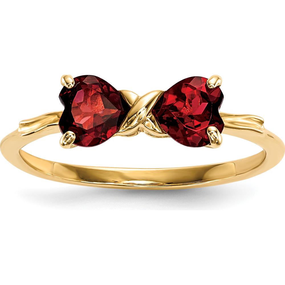 14K Yellow Gold Heart-Shaped Garnet Bow Ring with Polished Finish by Oro Pregiato