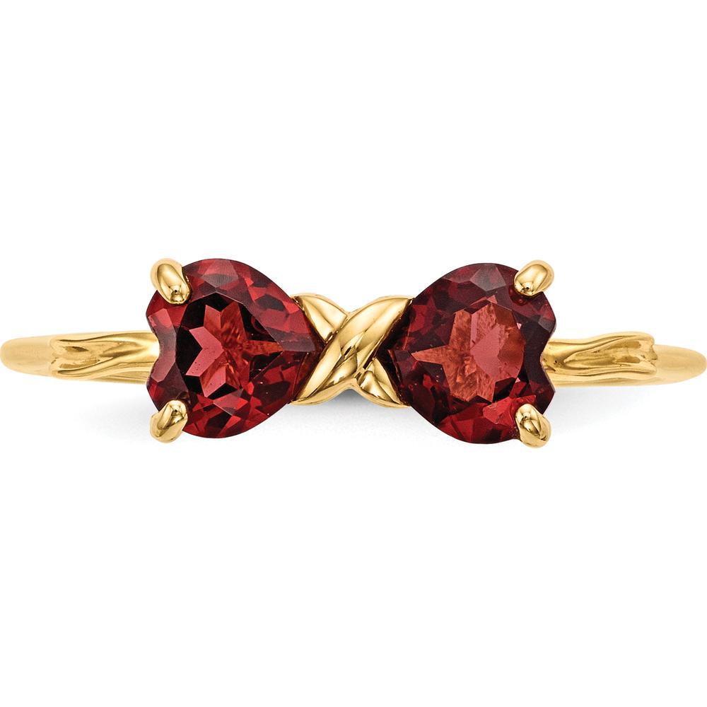 14K Yellow Gold Heart-Shaped Garnet Bow Ring with Polished Finish by Oro Pregiato