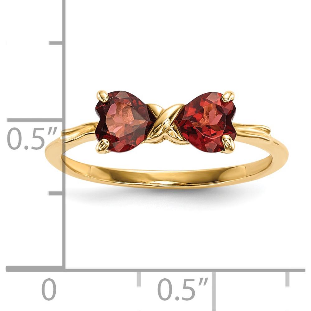 14K Yellow Gold Heart-Shaped Garnet Bow Ring with Polished Finish by Oro Pregiato