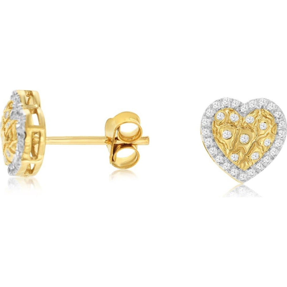 14K Yellow Gold Heart-Shaped Halo Diamond Stud Earrings with Textured Center and Brilliant Round Diamonds - 0.14 Carat Total Diamond Weight - Royal Jewelry