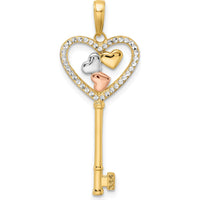 14K Yellow Gold Heart-Shaped Key Pendant with Rhodium Accents and Diamond-Cut Design by Oro Pregiato