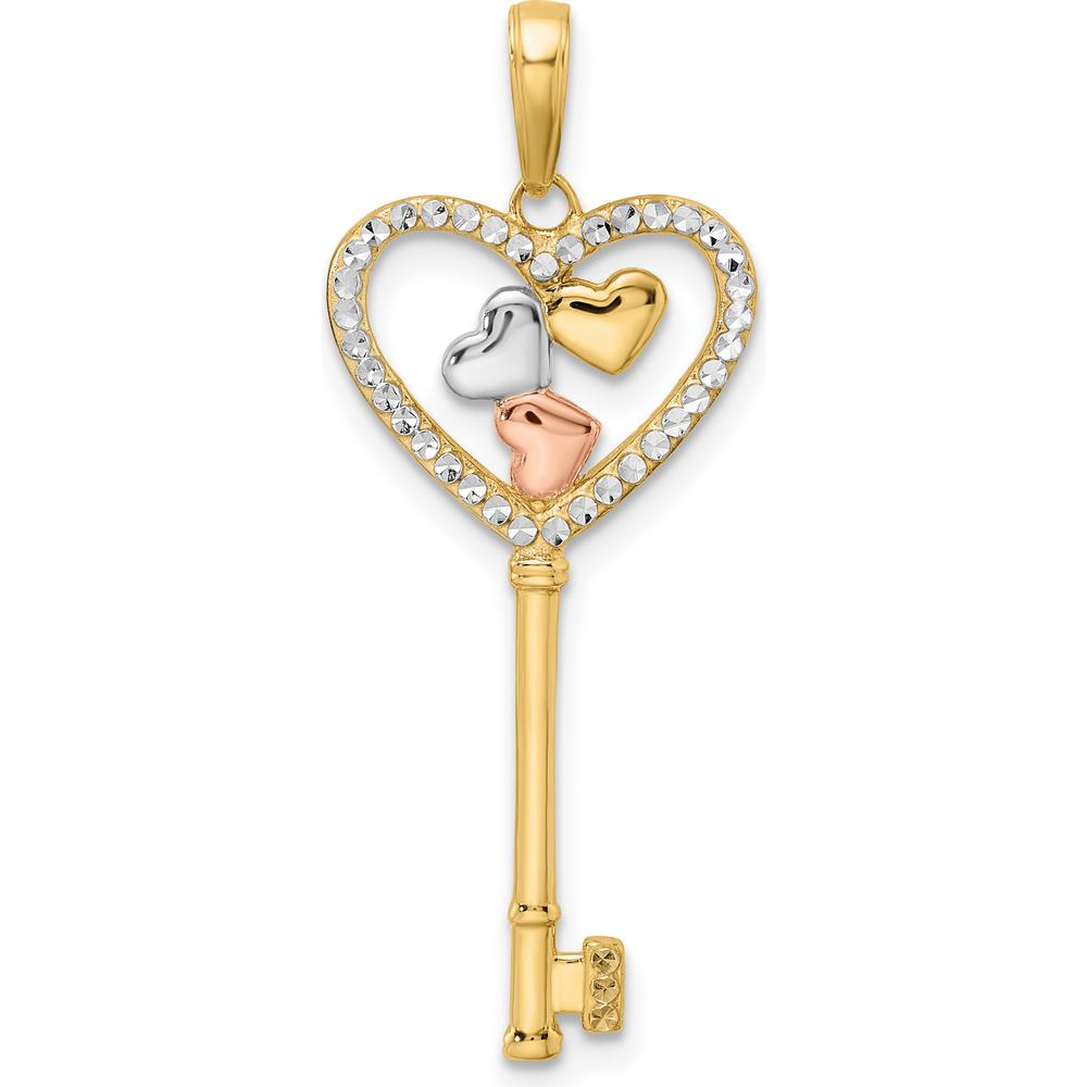 14K Yellow Gold Heart-Shaped Key Pendant with Rhodium Accents and Diamond-Cut Design by Oro Pregiato