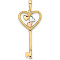 14K Yellow Gold Heart-Shaped Key Pendant with Rhodium Accents and Diamond-Cut Design by Oro Pregiato