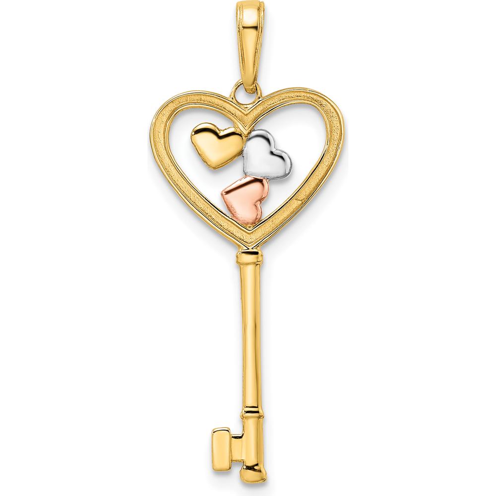 14K Yellow Gold Heart-Shaped Key Pendant with Rhodium Accents and Diamond-Cut Design by Oro Pregiato