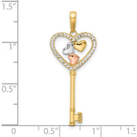 14K Yellow Gold Heart-Shaped Key Pendant with Rhodium Accents and Diamond-Cut Design by Oro Pregiato