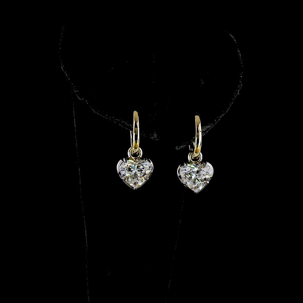14K Yellow Gold Heart-Shaped Lab Diamond Hanging Earrings with Black Rhodium Accents - 3.10 Carat Total Weight (E-F Color, VS1-VVS2 Clarity) - Covaloro Fine Jewelry