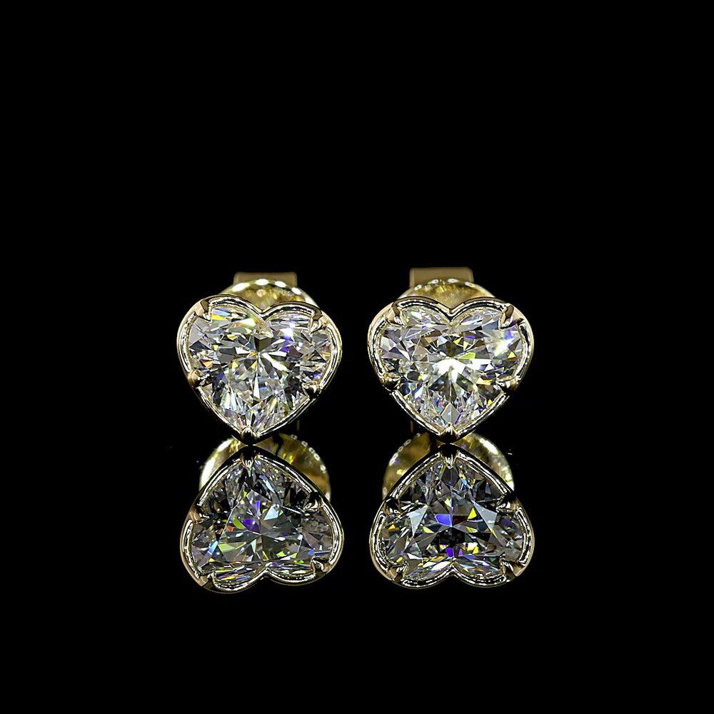 14K Yellow Gold Heart Shaped Lab Diamond Stud Earrings - 1.09 Carat Total Weight, E-F VS1 Color Clarity, Bezel-Prong Setting - Covaloro Fine Jewelry