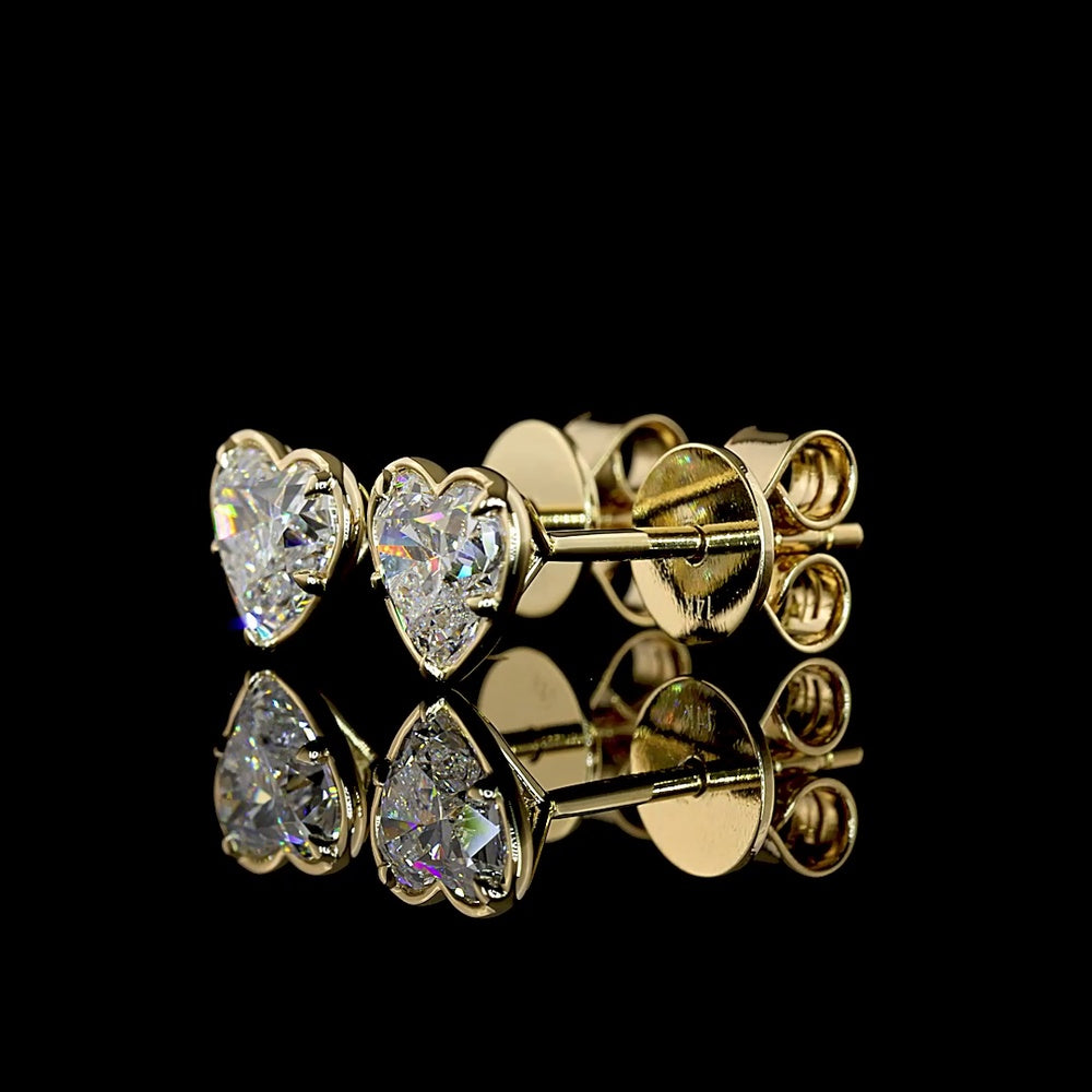 14K Yellow Gold Heart Shaped Lab Diamond Stud Earrings - 1.09 Carat Total Weight, E-F VS1 Color Clarity, Bezel-Prong Setting - Covaloro Fine Jewelry