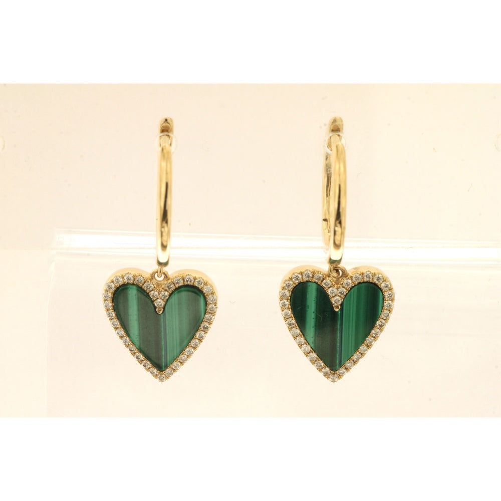 14K Yellow Gold Heart-Shaped Malachite Drop Earrings with Diamond Halo - 0.24 Carat Total Diamond Weight - Royal Jewelry