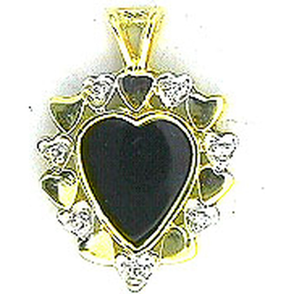 14K Yellow Gold Heart-Shaped Onyx Pendant with Round Brilliant Diamond Accent Halo - 0.09 Carat Total Diamond Weight - Royal Jewelry