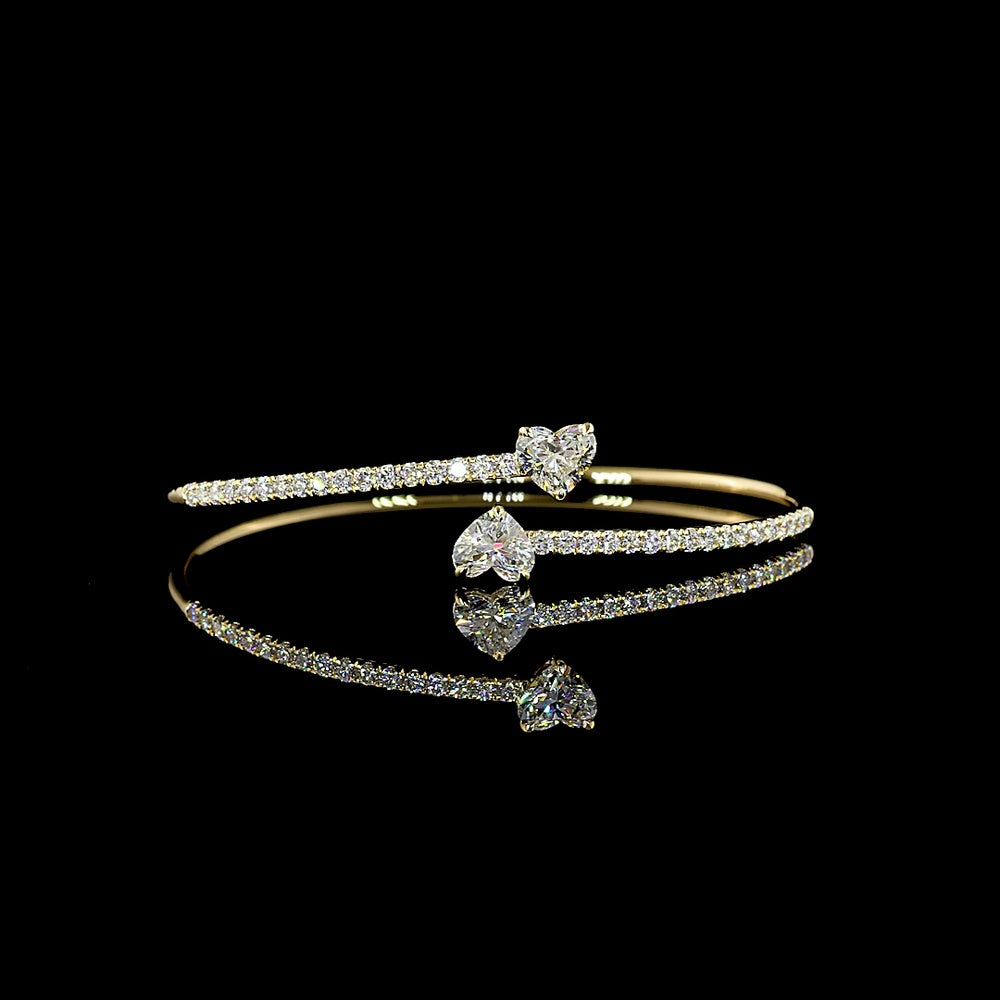 14K Yellow Gold Heart-Shaped Open Bangle Bracelet with 3.08 Carats Total Lab-Grown Diamonds (Includes Two 1.02 Carat Heart Center Stones) - Covaloro Fine Jewelry