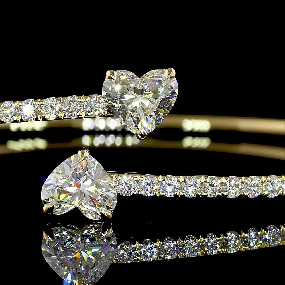 14K Yellow Gold Heart-Shaped Open Bangle Bracelet with 3.08 Carats Total Lab-Grown Diamonds (Includes Two 1.02 Carat Heart Center Stones) - Covaloro Fine Jewelry