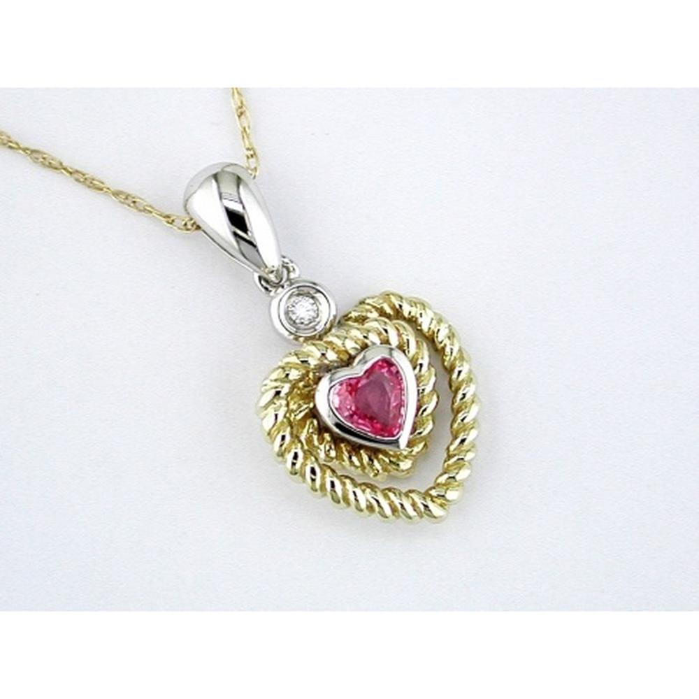 14K Yellow Gold Heart-Shaped Pink Sapphire Pendant with Round Diamond Accent - 0.30 Carat Pink Sapphire & 0.02 Carat Diamond - Royal Jewelry