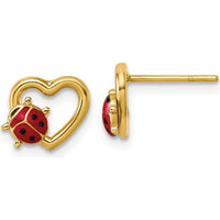 14K Yellow Gold Heart Shaped Post Earrings with Red and Black Enamel Ladybug Design by 0