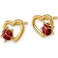 14K Yellow Gold Heart Shaped Post Earrings with Red and Black Enamel Ladybug Design by 0