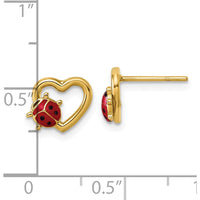 14K Yellow Gold Heart Shaped Post Earrings with Red and Black Enamel Ladybug Design by 0
