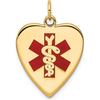 14K Yellow Gold Heart-Shaped Red Enamel Medical Alert Pendant - Polished Finish, Engravable by Oro Pregiato