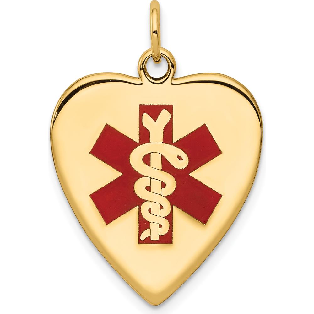 14K Yellow Gold Heart-Shaped Red Enamel Medical Alert Pendant - Polished Finish, Engravable by Oro Pregiato
