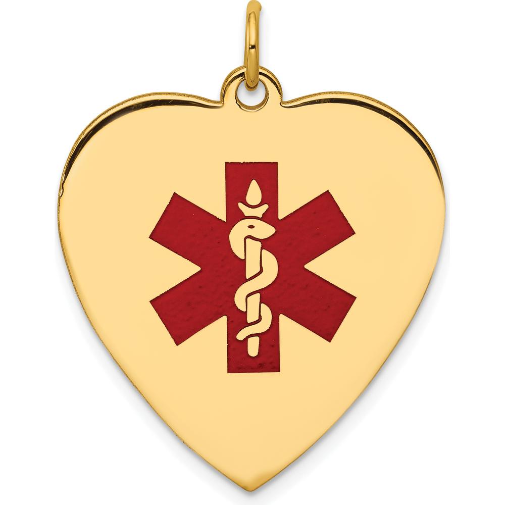 14K Yellow Gold Heart-Shaped Red Enameled Medical Alert Pendant with Caduceus Symbol - Engravable, Polished Back by Oro Pregiato