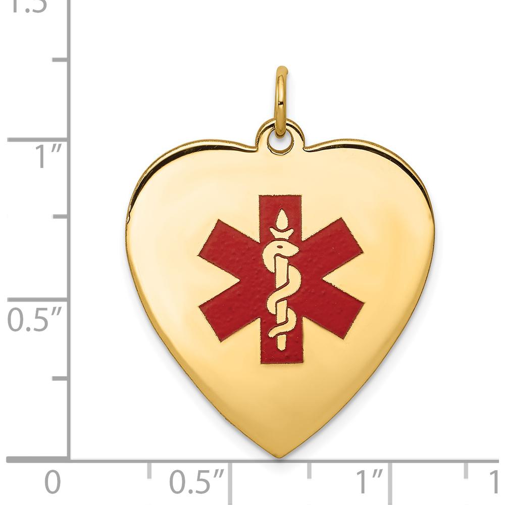 14K Yellow Gold Heart-Shaped Red Enameled Medical Alert Pendant with Caduceus Symbol - Engravable, Polished Back by Oro Pregiato