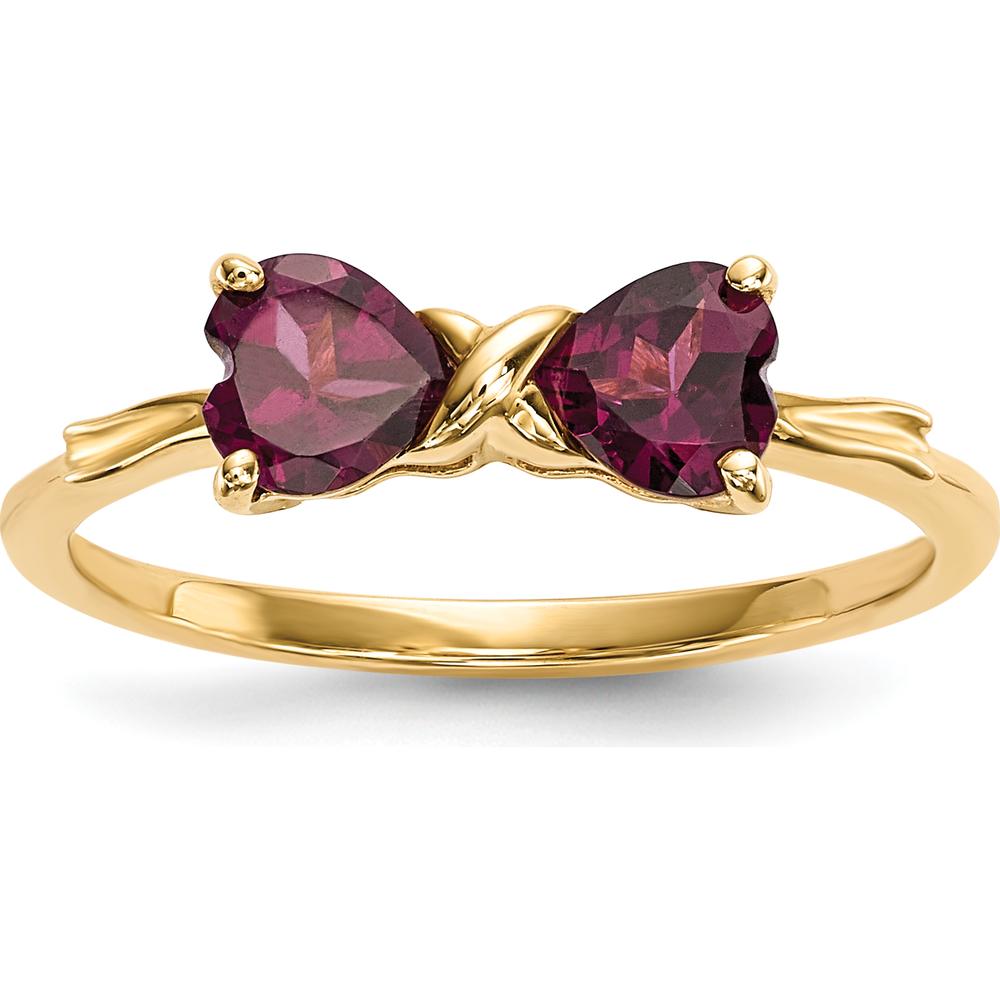 14K Yellow Gold Heart-Shaped Rhodolite Bow Ring - 2x 5mm Garnet by Oro Pregiato