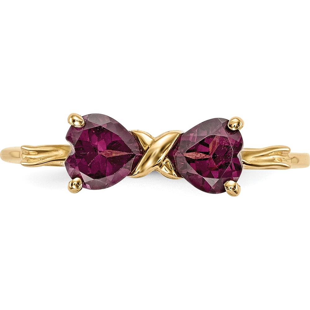 14K Yellow Gold Heart-Shaped Rhodolite Bow Ring - 2x 5mm Garnet by Oro Pregiato