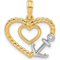 14K Yellow Gold Heart-Shaped Rope Anchor Pendant with Polished Rhodium Accent by Oro Pregiato