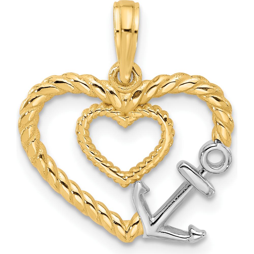 14K Yellow Gold Heart-Shaped Rope Anchor Pendant with Polished Rhodium Accent by Oro Pregiato