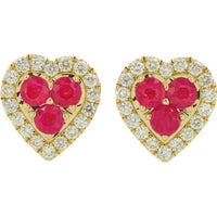 14K Yellow Gold Heart-Shaped Ruby Stud Earrings with Diamond Halo - 1.00 Carat Total Ruby Weight and 0.50 Carat Total Diamond Weight